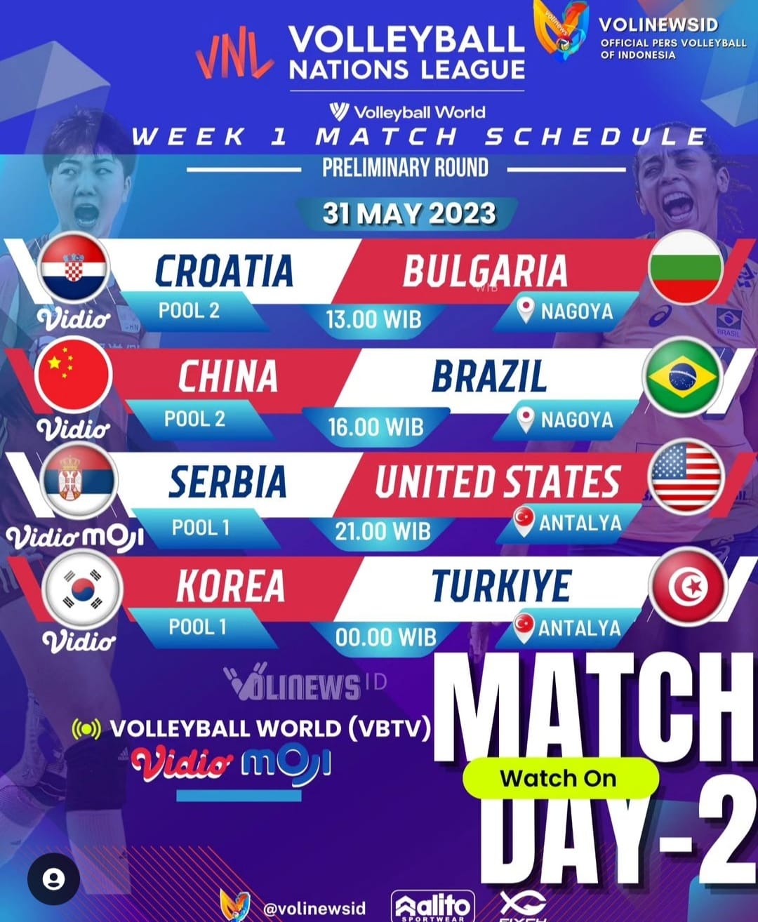 MATCH SCHEDULE WOMEN VOLLEYBALL NATIONS LEAGUE CROATIA VS BULGARIA
